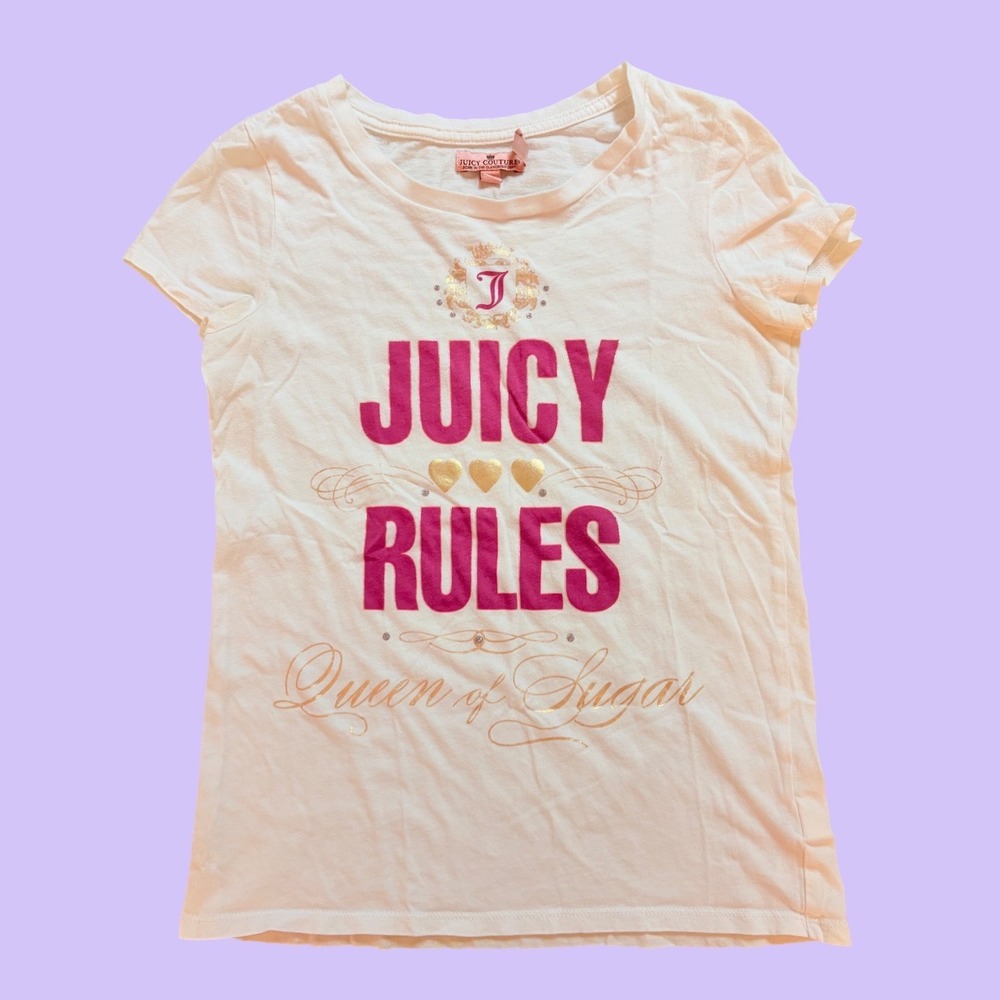 Y2K Vintage Juicy Couture Baby Tee Juicy Rules Queen of Sugar Pink Gold #19